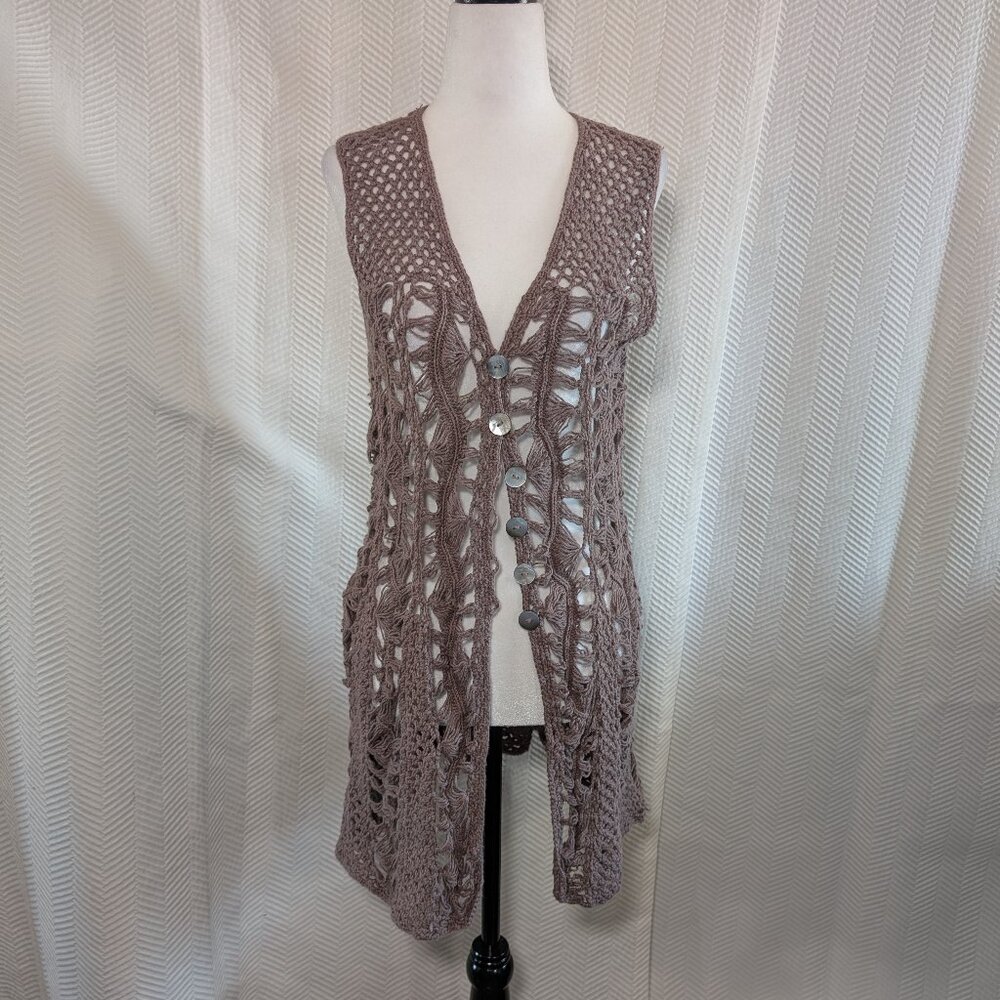 Pure Handknit Boho Knit Crochet Vest Button Up Artisan Cotton XS/S Beachy Layers